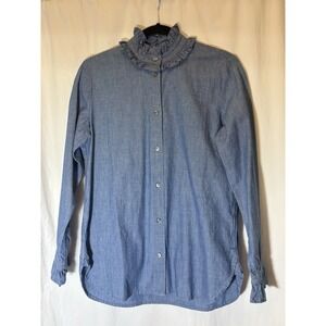 J.CREW Classic‎ Chambray Blue Blouse Womens 02 Long Ruffle Sleeve C26